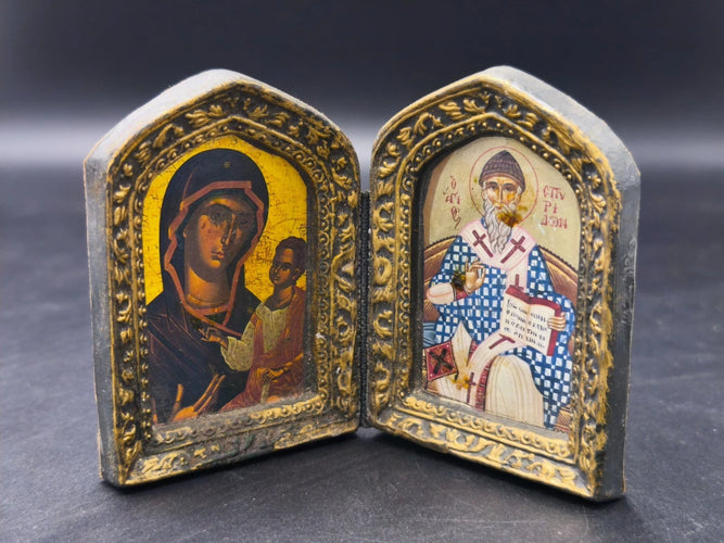Vintage Greek Orthodox Diptych Folding Icon St Spyridon Virgin Mary Child Travel
