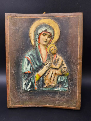 Vintage Handmade Relief Icon Madonna & Child Virgin Mary Wall Plaque Wood Base