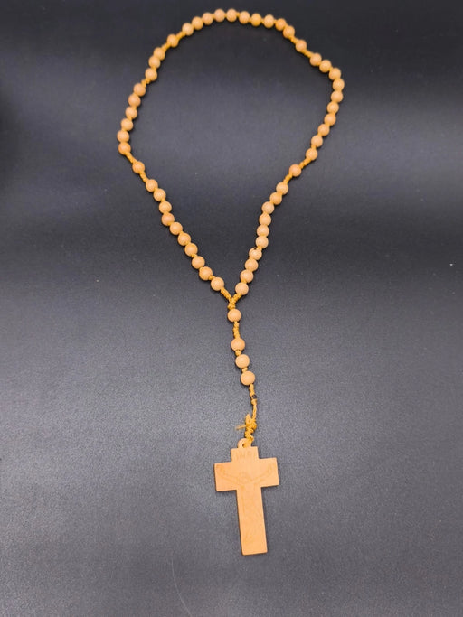 Vintage Hand Carved Wooden Rosary Necklace Natural Wood Beads INRI Cross 15"