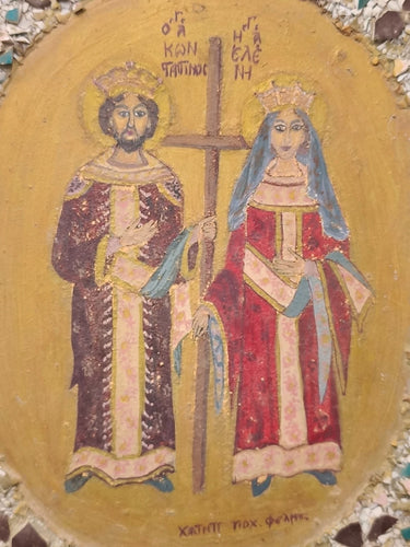 LARGE ANTIQUE HAND-PAINTED GREEK ORTHODOX ICON SAINTS CONSTANTINE & HELEN