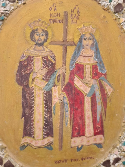 LARGE ANTIQUE HAND-PAINTED GREEK ORTHODOX ICON SAINTS CONSTANTINE & HELEN