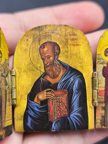 Antique Miniature Carved Wood Triptych Pocket Icon St John Orthodox Greek