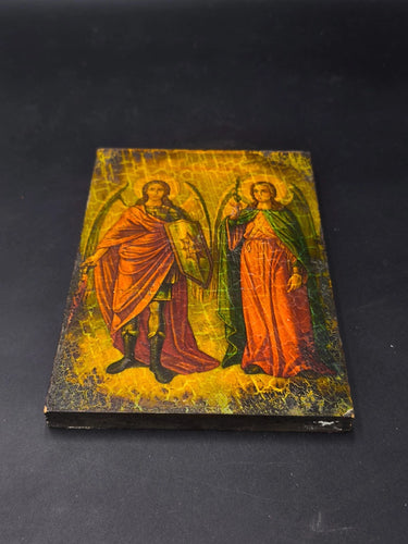 Vintage 1990 Greek Orthodox Icon Archangels Michael & Gabriel Lithograph on Wood