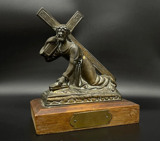 Vintage Bronze Tone Jesus Carrying Cross Figurine Sculpture Made in Belgium 6.7" 38oz