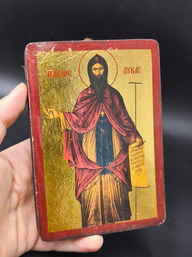 Vintage Byzantine Icon Saint Luke Handcrafted Wood Gold Paper Certificate Greek