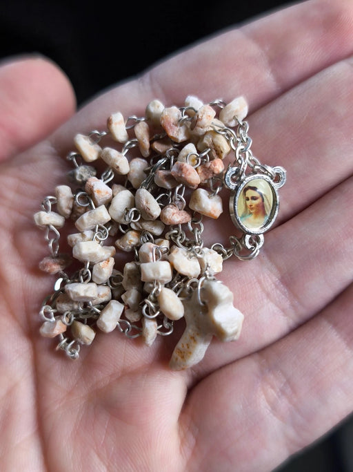 Vintage Natural Stone Rosary Necklace – Virgin Mary & Divine Mercy Medal handmade