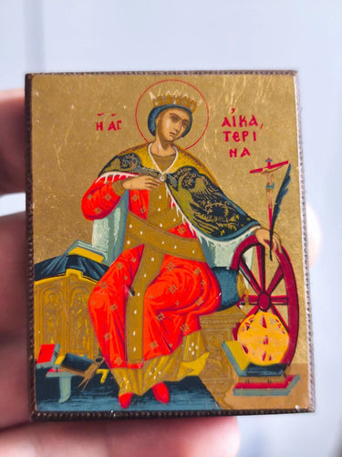 Vintage Miniature Byzantine Icon St. Catherine of Alexandria Wood Fridge Magnet 2.4"