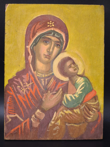 Vintage Hand Painted Orthodox Icon Virgin Mary & Child Jesus Wood Religious Art