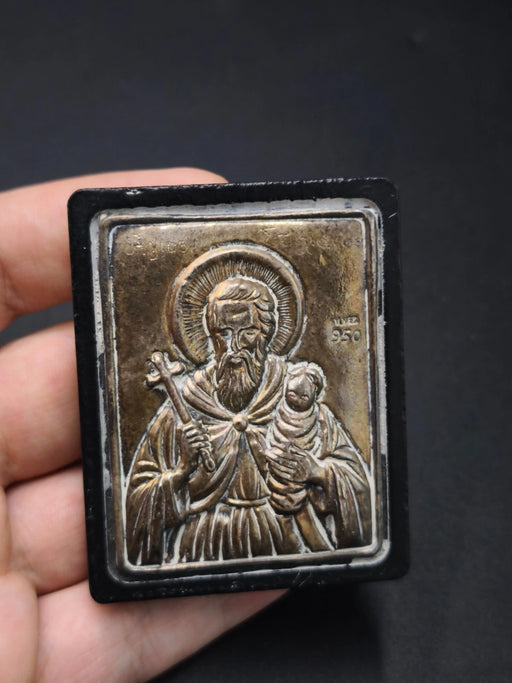 Vintage Greek Silver 950 Orthodox Icon Saint Stylianos Holding Baby Sacred Art