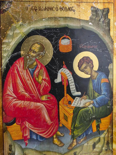 Vintage Greek Orthodox Icon St. John Theologian & Prochorus Wood Mt Athos 1972