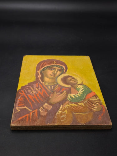 Vintage Hand Painted Orthodox Icon Virgin Mary & Child Jesus Wood Religious Art