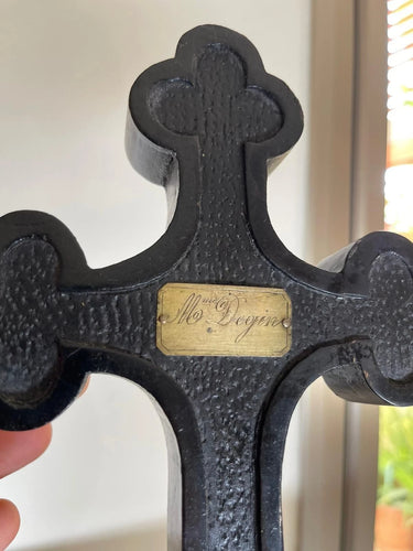 Antique French Black Wood Crucifix & Trefoil Base with Engraved Miniatures & "Mme Degin" Plaque