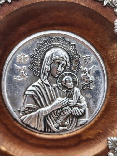 Vintage Greek Orthodox Icon Plaque 1979 | Virgin Mary and Child Jesus Silver Tone Relief Wood Wall Plaque | Religious Gift
