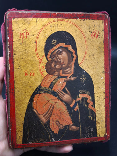 Rare 1923 Hand Painted Antique Greek Byzantine Icon Virgin Mary & Child Wood