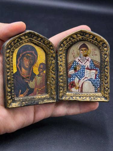 Vintage Greek Orthodox Diptych Folding Icon St Spyridon Virgin Mary Child Travel