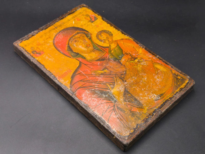 Antique Russian Orthodox Icon Mother of God Hodegetria Print on Wood Panel
