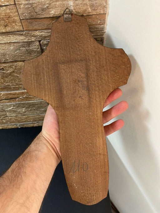 Vintage Wooden Wall Crucifix Cross with Brass Corpus Jesus & INRI – 13.3" Catholic Religious Home Decor