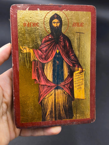 Vintage Byzantine Icon Saint Luke Handcrafted Wood Gold Paper Certificate Greek
