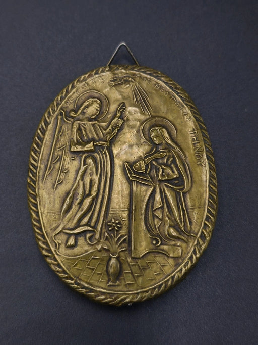 Antique Greek Orthodox Icon Plaque – Annunciation of Virgin Mary Tinos Wood Back