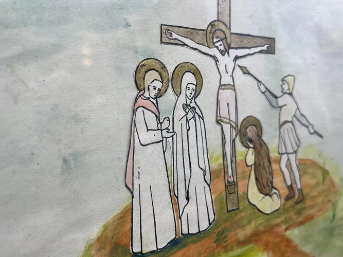 Antique Flemish Religious Watercolor Painting on Paper | Painted Calvary Crucifixion Scene with Handwritten Provenance Backing, Folk Art Wall Decor⭐