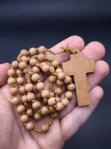 Vintage Hand Carved Wooden Rosary Necklace Natural Wood Beads INRI Cross 15"