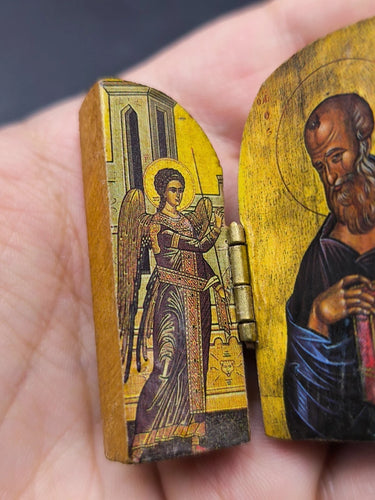 Antique Miniature Carved Wood Triptych Pocket Icon St John Orthodox Greek