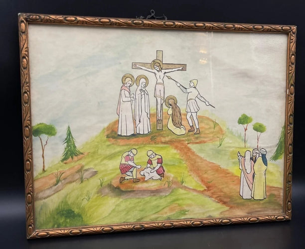 Antique Flemish Religious Watercolor Painting on Paper | Painted Calvary Crucifixion Scene with Handwritten Provenance Backing, Folk Art Wall Decor⭐