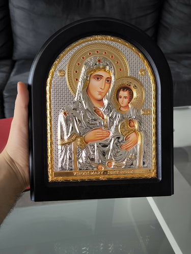 Virgin Mary Jerusalem 4.33"Jesus Icon Silver 950° Byzantine Wood Handicraft