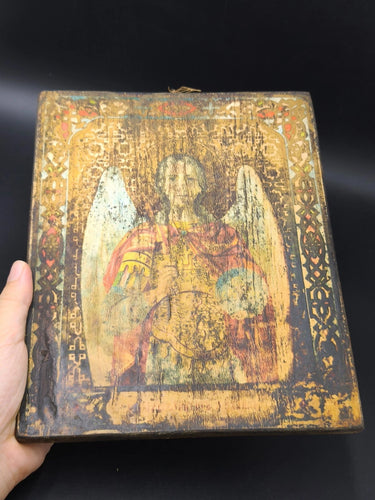 ANTIQUE 1904 ANGEL ICON HAND PAINTED WOOD PANEL ORTHODOX RELIGIOUS ART Michael