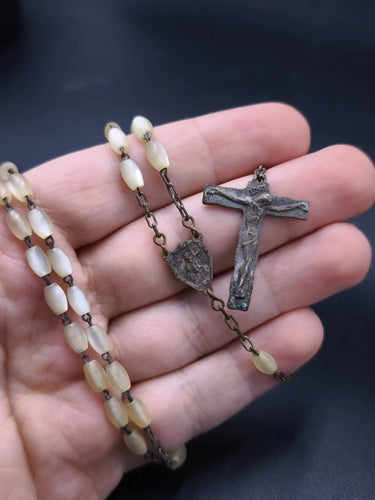 Vintage Mother of Pearl Rosary Necklace 18.5" Brass Crucifix 1.2" x 1" 12g / 0.4