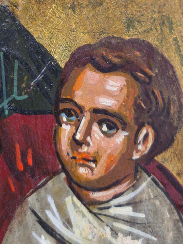 Vintage Hand-Painted Saint Stylianos Greek Orthodox Icon Wood Patron of Children