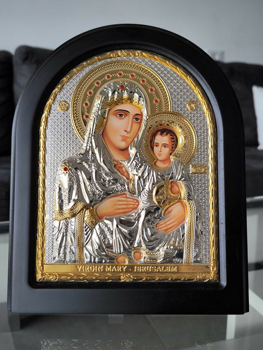 Virgin Mary Jerusalem 4.33"Jesus Icon Silver 950° Byzantine Wood Handicraft
