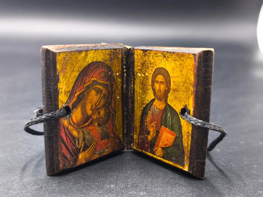 Antique Orthodox Traveling Diptych Icon Leather Jesus Christ Mary 18g