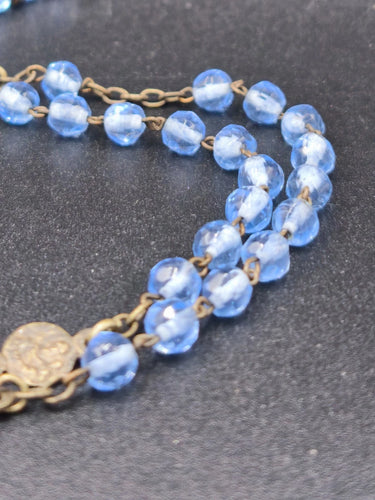 Vintage Blue Glass Rosary Beads Bronze Crucifix Catholic Religious Necklace