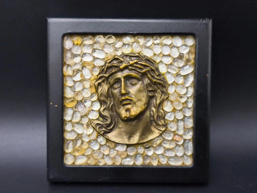 Vintage Jesus Christ Relief Bronze Plaque Natural Quartz Crystal Greek Icon 14cm