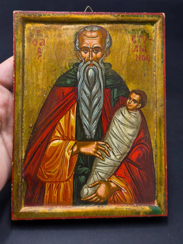 Vintage Hand-Painted Saint Stylianos Greek Orthodox Icon Wood Patron of Children
