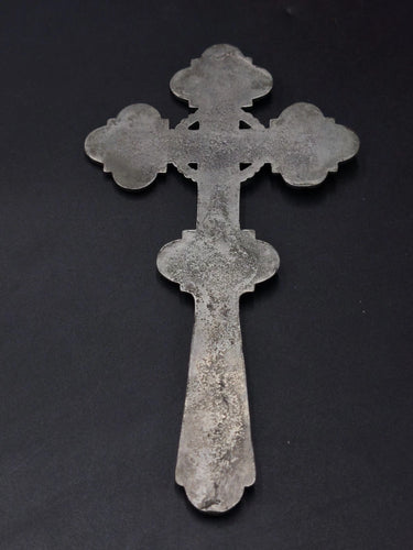 Antique Heavy Metal Hand Blessing Cross Jesus Crucifixion Relief 7.7" 5.3oz