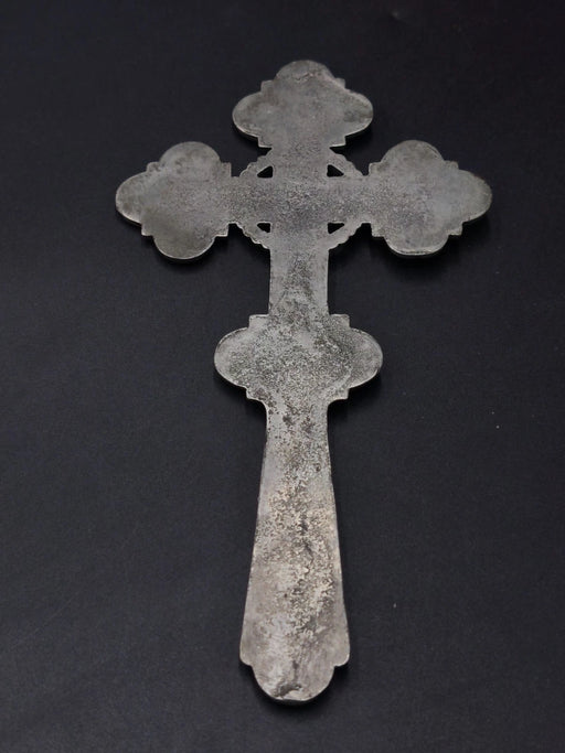 Antique Heavy Metal Hand Blessing Cross Jesus Crucifixion Relief 7.7" 5.3oz
