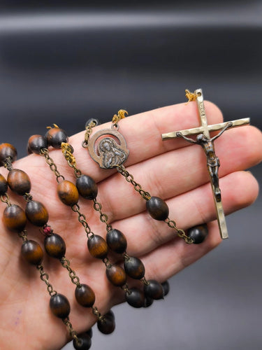 Vintage Italian Wood Rosary Crucifix Mary Sacred Heart Religious Necklace 26in