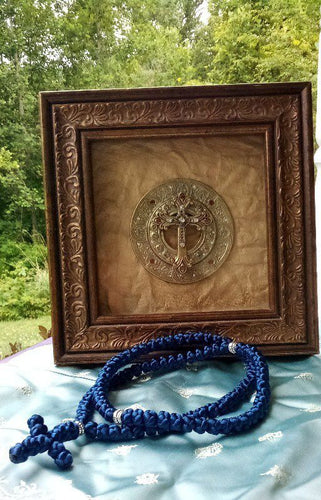 100-Knot Handmade Prayer Rope Nylon Cord in blue with cross