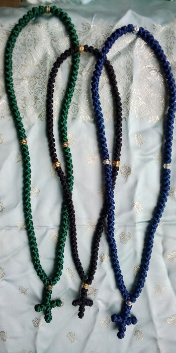 100-Knot Handmade Prayer Rope Nylon Cord in blue, black and green