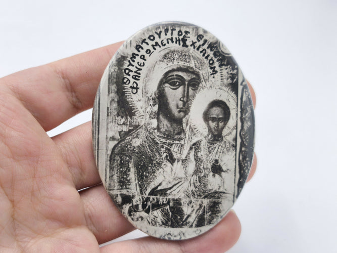 Vintage Greek Orthodox Icon Plaque, Panagia Faneromeni Virgin Mary & Child Oval Metal Plaque, Religious Devotional Medallion Wall Hanging