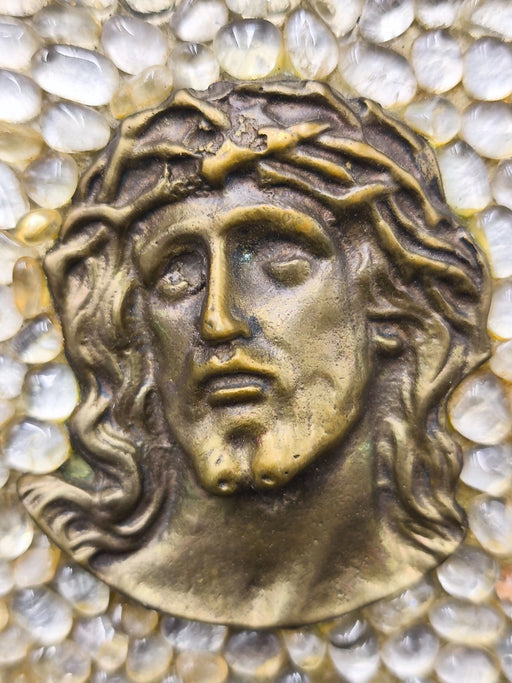 Vintage Jesus Christ Relief Bronze Plaque Natural Quartz Crystal Greek Icon 14cm