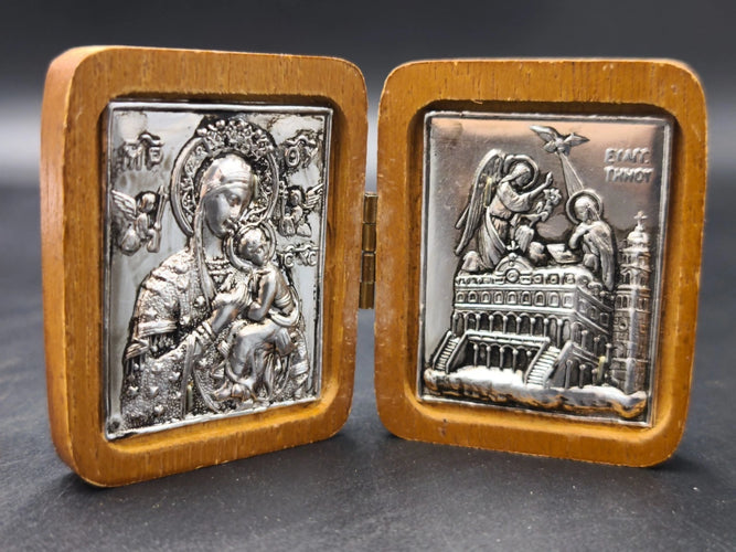 Greek Orthodox Vintage Pocket Diptych Icon Virgin Mary Annunciation Carved Wood Tinos