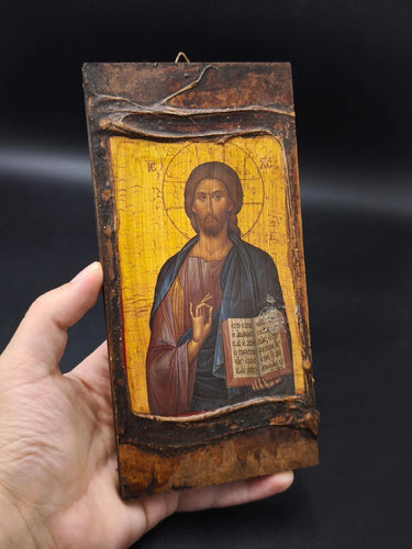 Vintage Greek Orthodox Wood Icon Jesus Christ Pantocrator Wall Plaque Art 8x4"
