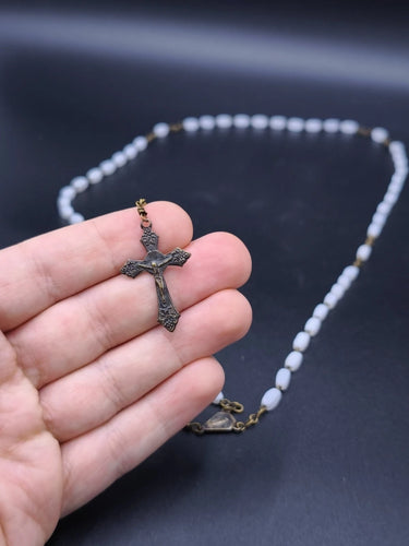 Vintage White Opaline Glass Rosary Beads 20g Religious Prayer Necklace