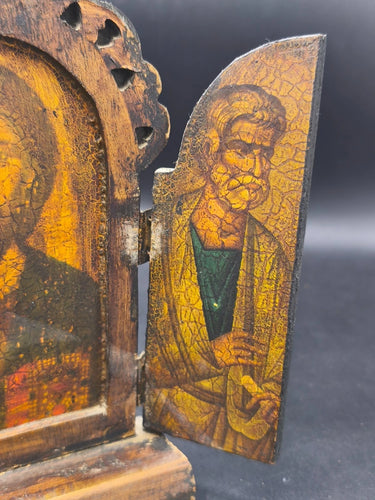 Antique Wooden Triptych Folding Icon Jesus Christ Apostles Orthodox Byzantine