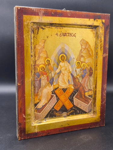 Vintage Greek Orthodox Icon The Resurrection Anastasis Jesus Christ Gold Leaf