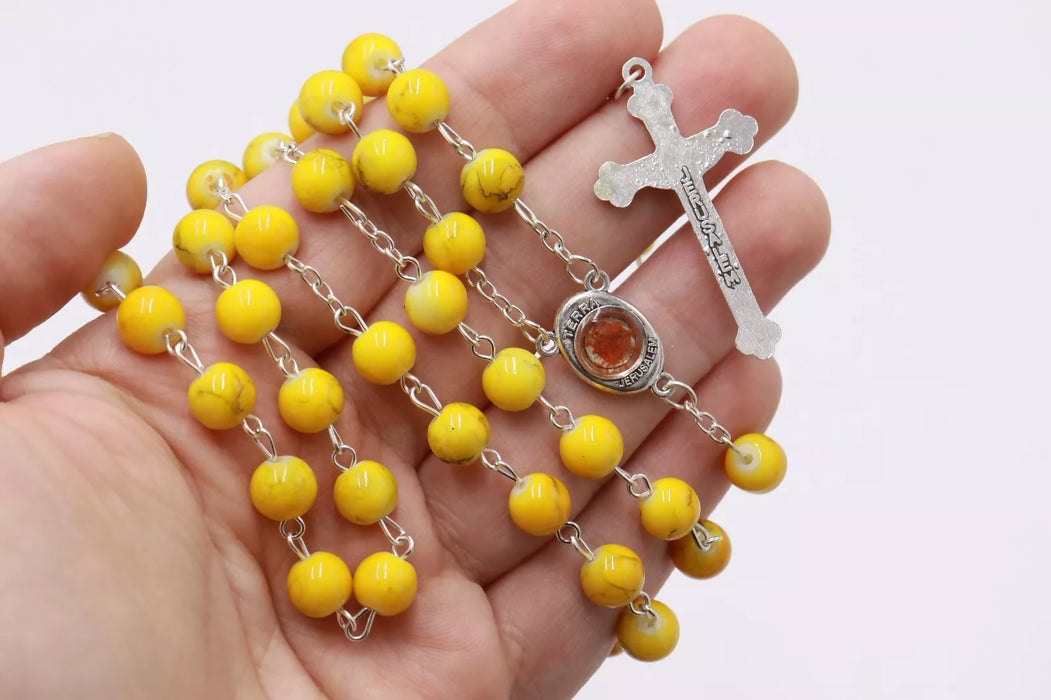 Yellow Rosary beads Necklace Jerusalem box gift souvenir Holy Land Christianity