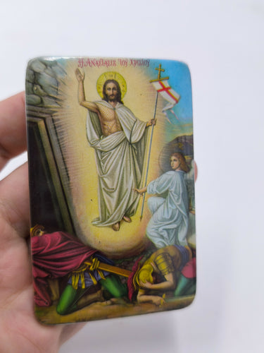 Vintage Greek Orthodox Resurrection of Christ Metal Icon Pendant Plaque – Small Religious Hanging Art Wall Pocket Iconography 3.38x2.2 in